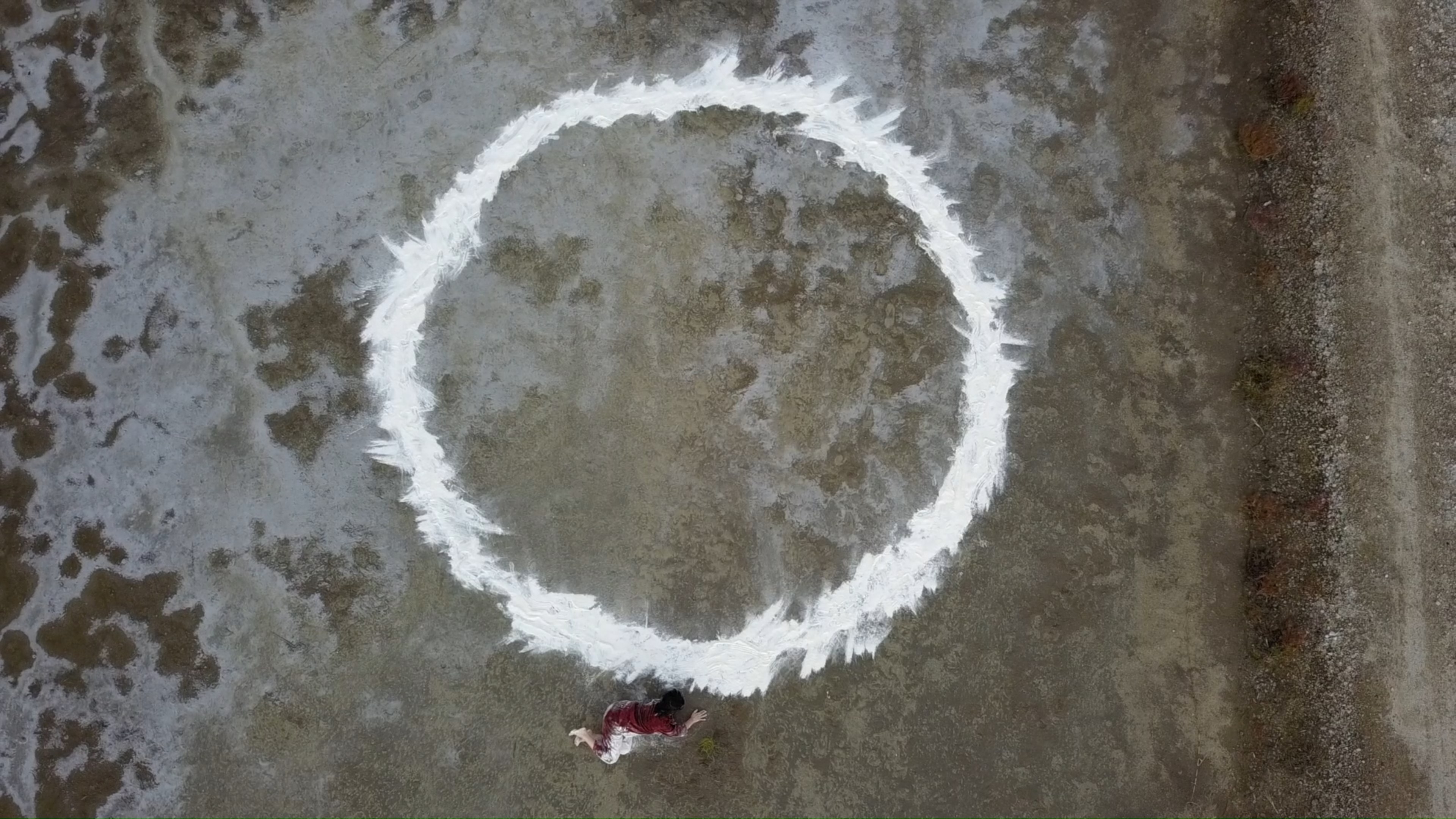 An aerial view of a large white circle and Soojin Pray on tidal ground