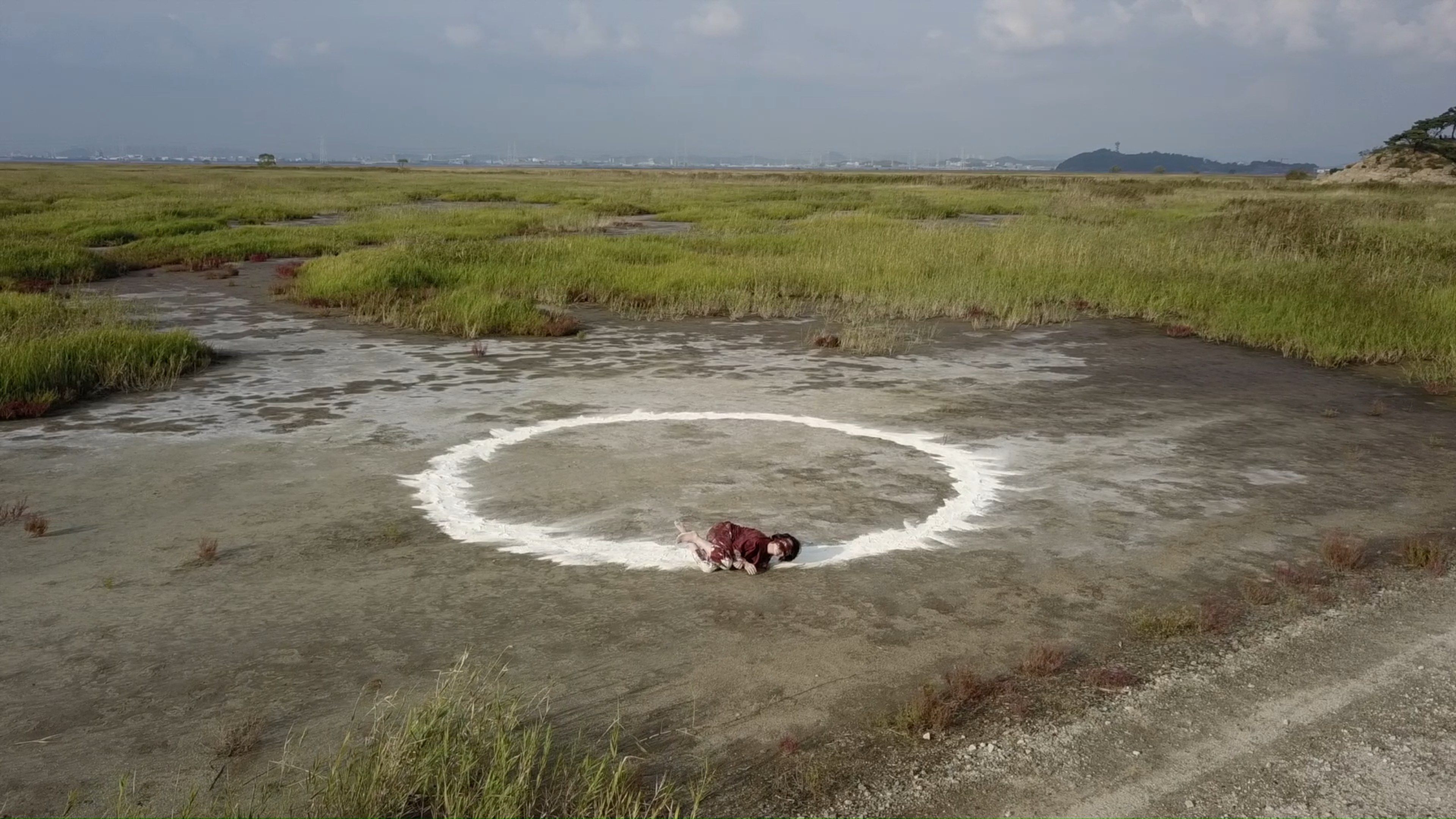 A wide tidal landscape, white circle, and performer